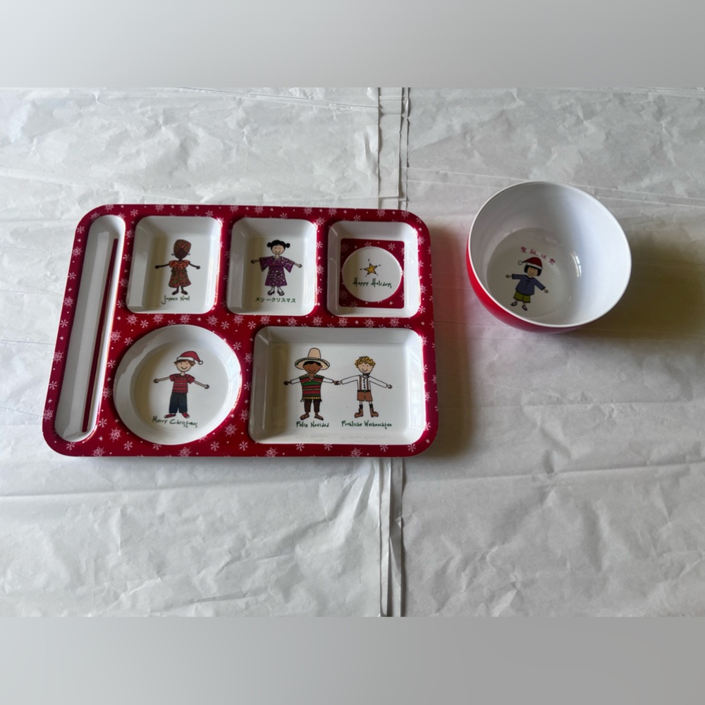 CHILDS HOLIDAY DIVIDED TRAY/PLATE WITH MATCHING BOWL 3 SETS OF 1 PLATE & 1 BOWL